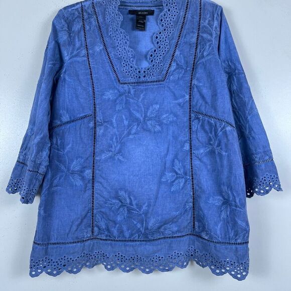 Ali Miles Embroidered Eyelet Tunic Small Cotton Floral Blouse Tie Dye Blue Top - Picture 3 of 9